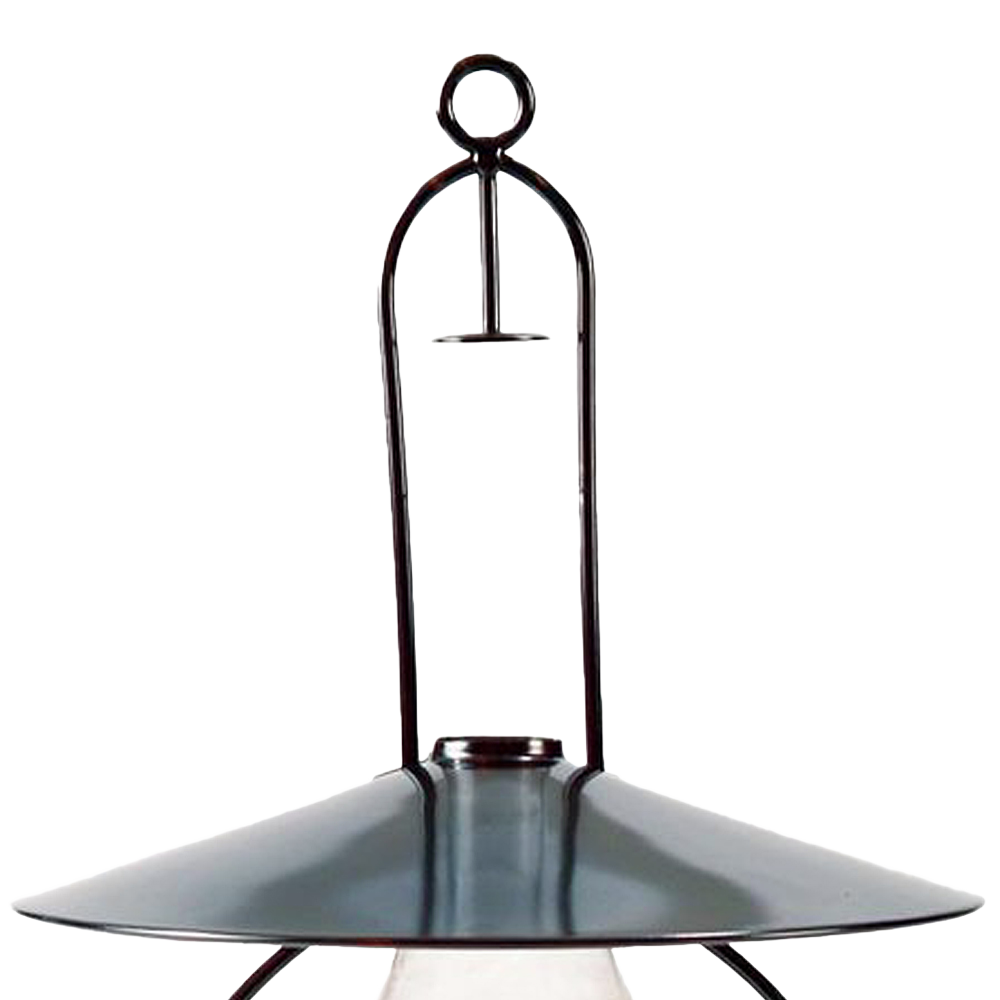 Antiqued steel hanging oil lamp with blackened frame featuring tarnish and rust highlights, embossed rope detail, and a top metal reflector for focused downward light, crafted for use in Farm, Garden & Tool, Lamps & Lighting, and Hanging Lamps collections.