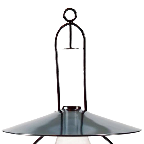 Antiqued steel hanging oil lamp with blackened frame featuring tarnish and rust highlights, embossed rope detail, and a top metal reflector for focused downward light, crafted for use in Farm, Garden & Tool, Lamps & Lighting, and Hanging Lamps collections.