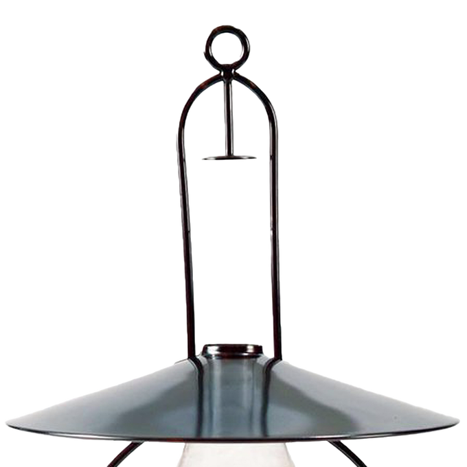 Antiqued steel hanging oil lamp with blackened frame featuring tarnish and rust highlights, embossed rope detail, and a top metal reflector for focused downward light, crafted for use in Farm, Garden & Tool, Lamps & Lighting, and Hanging Lamps collections.