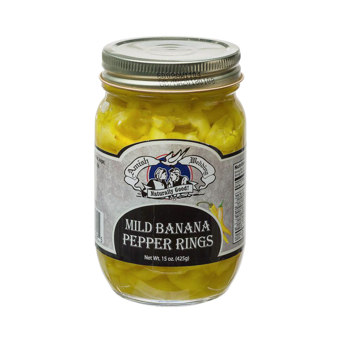 Handcrafted jar of mild banana pepper rings, made in USA, perfect for adding bold flavor to sandwiches, salads, and pizzas, featured in Kitchen & Food and Best Sellers collections.