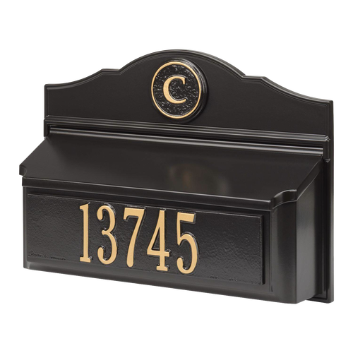 Black and gold wall mount mailbox customized with house number and monogram, handcrafted in the USA, enhancing curb appeal for Home & Decor and Mailboxes and Address Signs collections.