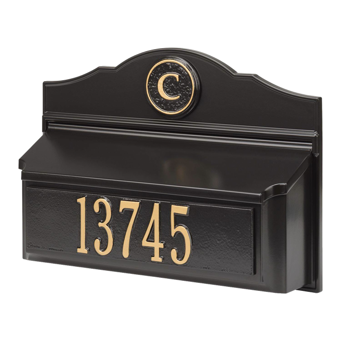 Black and gold wall mount mailbox customized with house number and monogram, handcrafted in the USA, enhancing curb appeal for Home & Decor and Mailboxes and Address Signs collections.