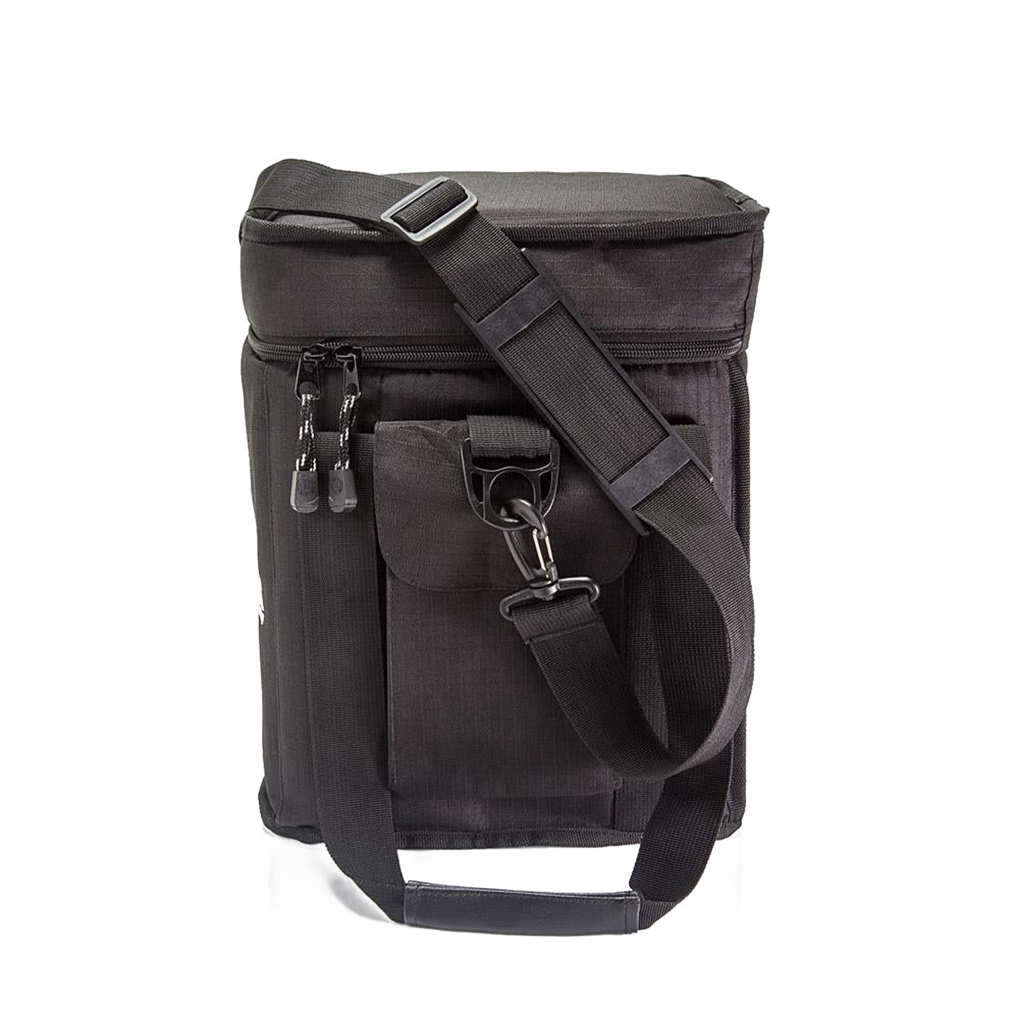 Black ripstop fabric transport bag with reinforced walls and bottom, featuring adjustable removable shoulder strap and front pocket, designed for camping and farm use.