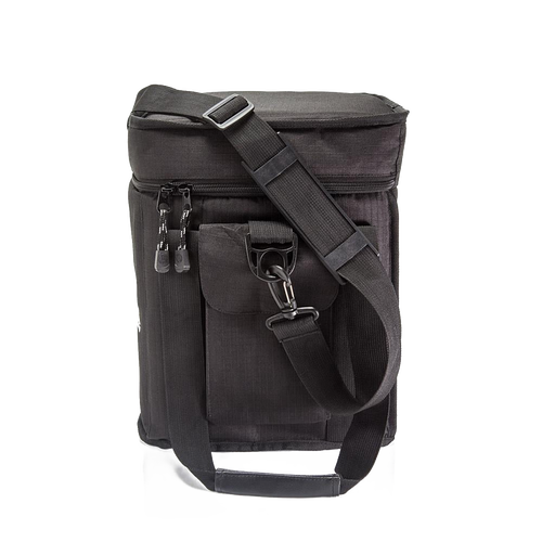 Black ripstop fabric transport bag with reinforced walls and bottom, featuring adjustable removable shoulder strap and front pocket, designed for camping and farm use.