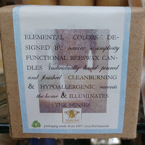 Close-up of a handcrafted label describing the natural, hypoallergenic qualities of beeswax candles with an emphasis on clean burning and sensory warmth, featured in Lamps & Lighting, Candles and Candlemaking, USA Made, Best Sellers, and Promo Eligible collections.