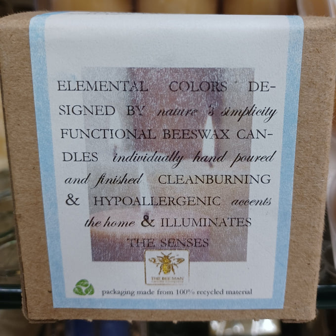 Close-up of a handcrafted label describing the natural, hypoallergenic qualities of beeswax candles with an emphasis on clean burning and sensory warmth, featured in Lamps & Lighting, Candles and Candlemaking, USA Made, Best Sellers, and Promo Eligible collections.
