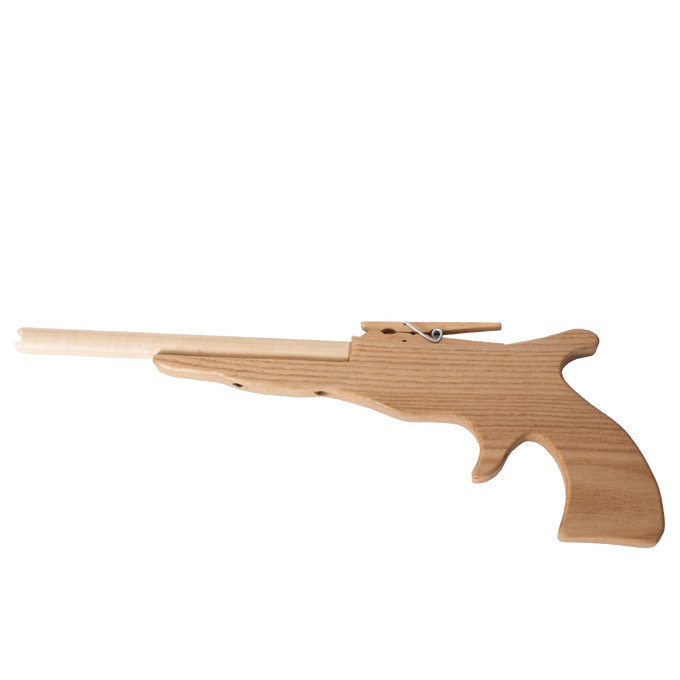 Handcrafted wooden rubber band shooter with an Ohio pine frame, maple barrel, and clothespin mechanism, part of Toys, Books & Games, USA Made, Amish Made, and Wooden Toys collections.