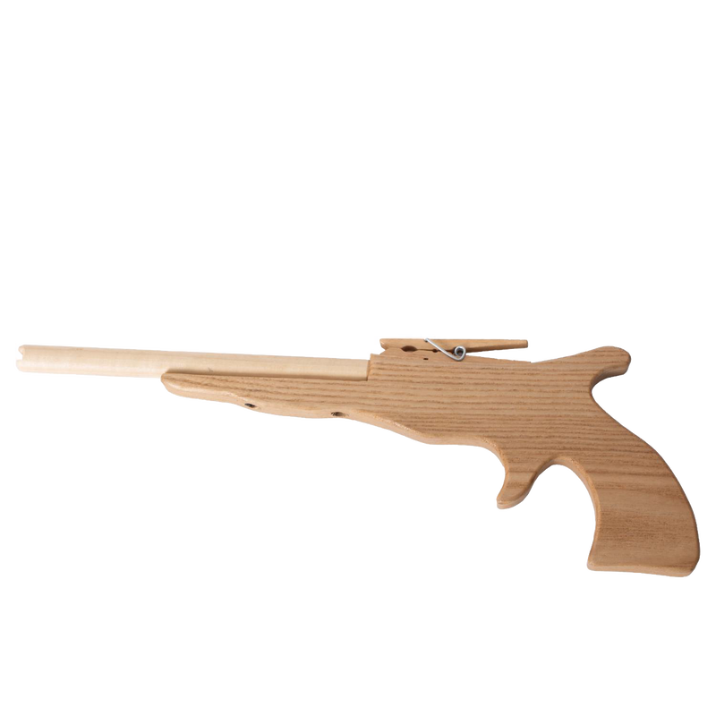 Handcrafted wooden rubber band shooter with an Ohio pine frame, maple barrel, and clothespin mechanism, part of Toys, Books & Games, USA Made, Amish Made, and Wooden Toys collections.