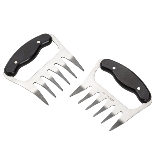 Pair of stainless steel meat shredders with black ergonomic handles featuring durable blades and contoured design, ideal for pulled pork and smoked meat shredding in Kitchen Gadgets.