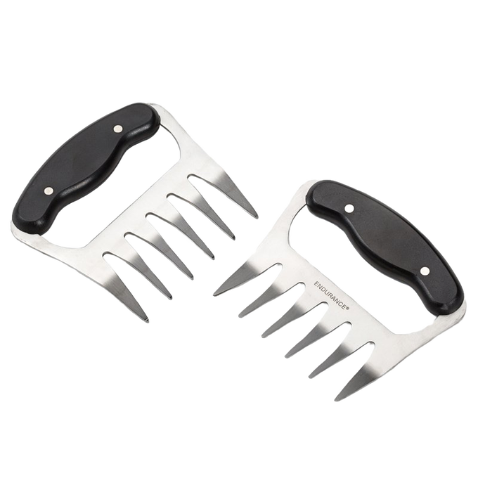 Pair of stainless steel meat shredders with black ergonomic handles featuring durable blades and contoured design, ideal for pulled pork and smoked meat shredding in Kitchen Gadgets.