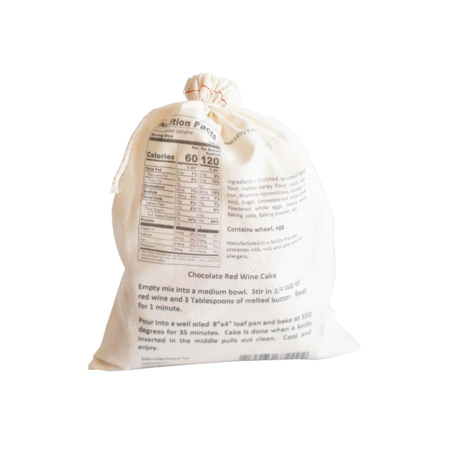 Natural fabric drawstring bag showcasing handcrafted chocolate red wine cake mix with clear nutrition facts and simple baking instructions, ideal for Kitchen & Food, Pantry, Dry Goods and Mixes, Best Sellers, Promo Eligible collections.