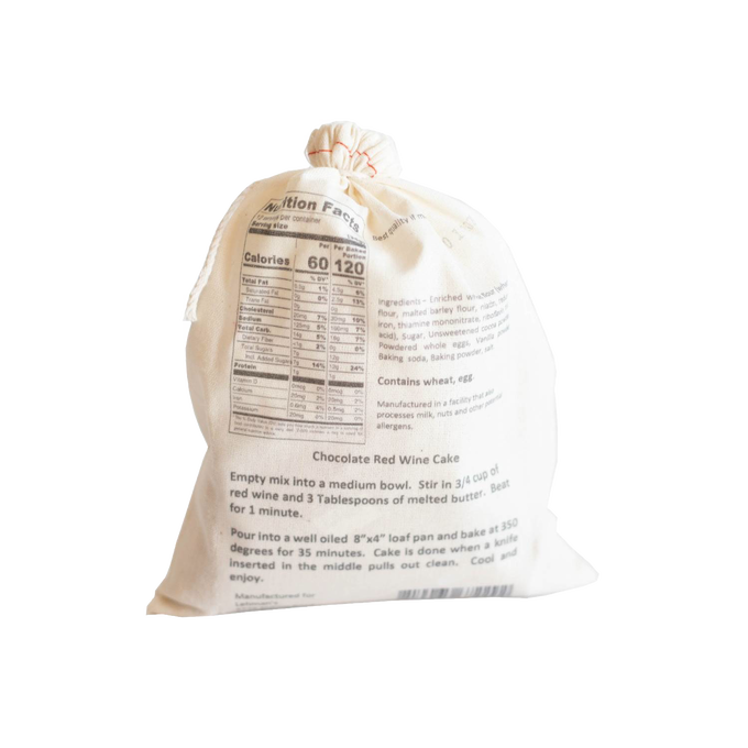 Natural fabric drawstring bag showcasing handcrafted chocolate red wine cake mix with clear nutrition facts and simple baking instructions, ideal for Kitchen & Food, Pantry, Dry Goods and Mixes, Best Sellers, Promo Eligible collections.