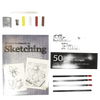 Sketching set including instruction book, sketch pad with 50 sheets of quality art paper, four sketching pencils, blending stick, eraser, and pencil sharpener, ideal for arts and crafts and children's toys collections.
