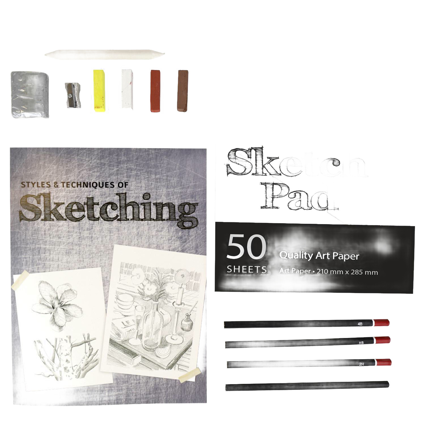Sketching set including instruction book, sketch pad with 50 sheets of quality art paper, four sketching pencils, blending stick, eraser, and pencil sharpener, ideal for arts and crafts and children's toys collections.