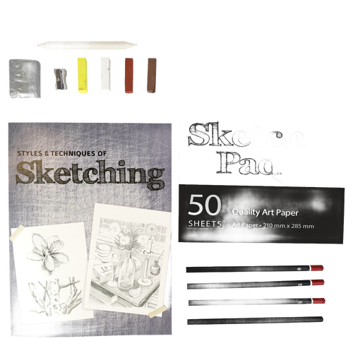 Sketching set including instruction book, sketch pad with 50 sheets of quality art paper, four sketching pencils, blending stick, eraser, and pencil sharpener, ideal for arts and crafts and children's toys collections.