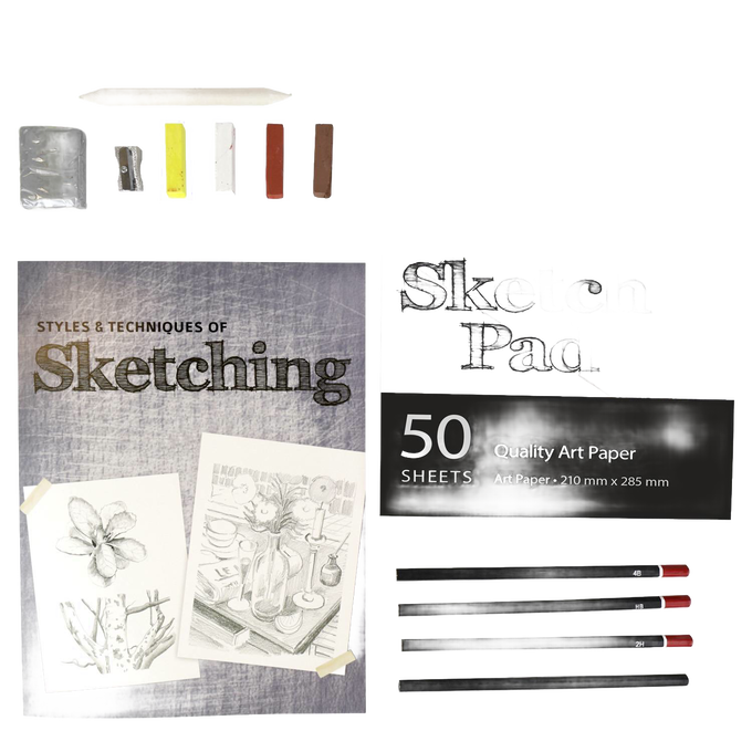 Sketching set including instruction book, sketch pad with 50 sheets of quality art paper, four sketching pencils, blending stick, eraser, and pencil sharpener, ideal for arts and crafts and children's toys collections.