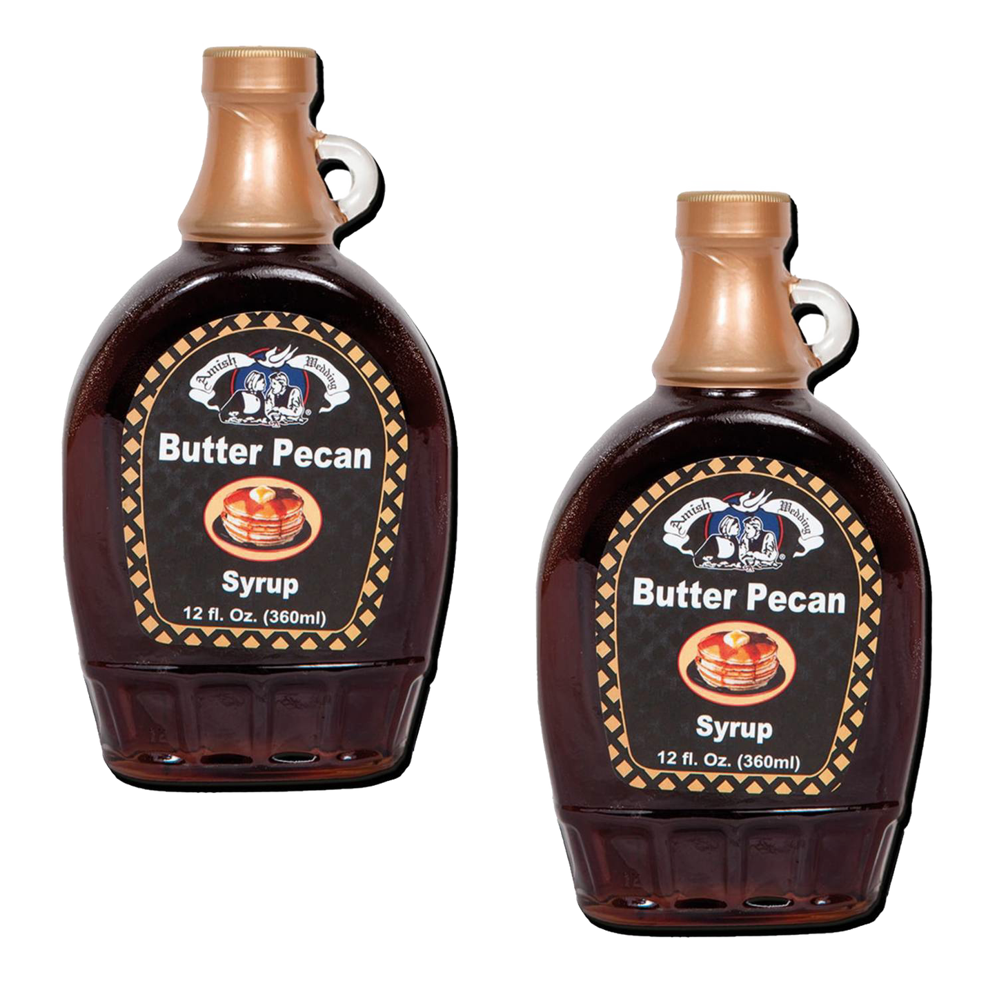 Two 12 fl. oz. glass bottles of handcrafted butter pecan syrup with vintage-style labels, made in USA, ideal for Kitchen & Food, Pantry, Best Sellers, and USA Made collections.