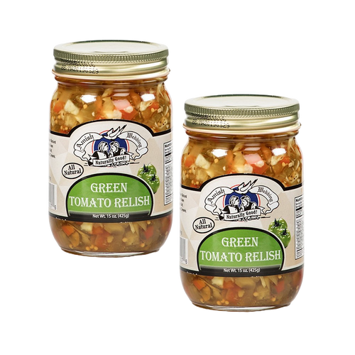 Two 15-ounce jars of handcrafted green tomato relish featuring visible chunks of vegetables in a glass jar with gold lids, ideal for Kitchen & Food, Pantry, USA Made, and Best Sellers collections.