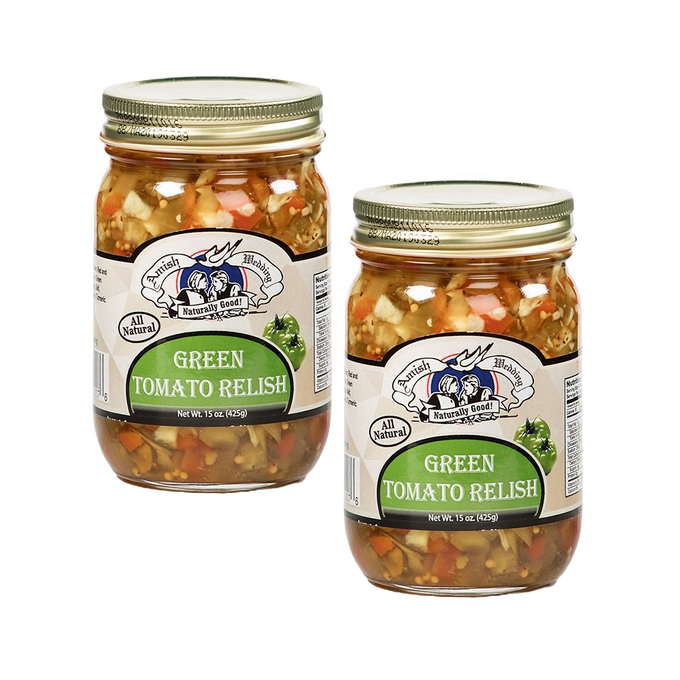 Two 15-ounce jars of handcrafted green tomato relish featuring visible chunks of vegetables in a glass jar with gold lids, ideal for Kitchen & Food, Pantry, USA Made, and Best Sellers collections.