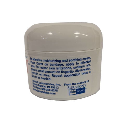 Small white jar of soothing cream with blue text instructions for application on minor skin irritations, promoting healing, handcrafted and made in USA, featured in Health & Wellness and Best Sellers collections.