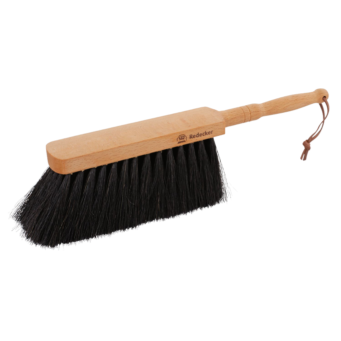 Handcrafted horsehair hand brush with smooth beechwood handle and hanging loop, designed for effective dust and dirt cleanup, featured in Home & Decor and Cleaning Utensils collections.