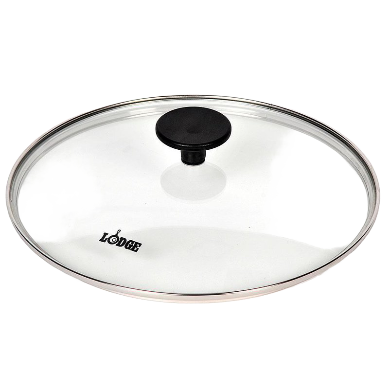 Clear round tempered glass lid with stainless steel rim and black heat-resistant knob, designed for cookware use in Kitchen & Food, Cast Iron, Pots and Pans, Best Sellers, and Promo Eligible collections.