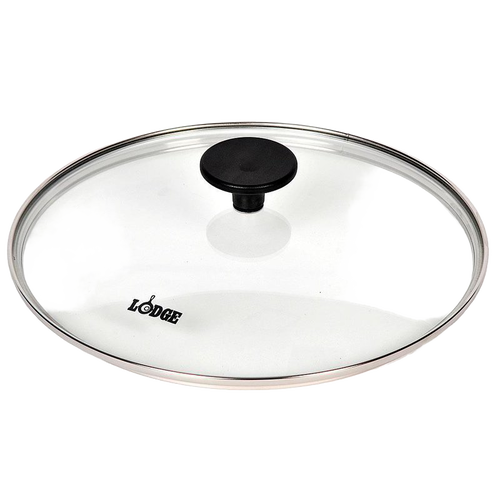 Clear round tempered glass lid with stainless steel rim and black heat-resistant knob, designed for cookware use in Kitchen & Food, Cast Iron, Pots and Pans, Best Sellers, and Promo Eligible collections.