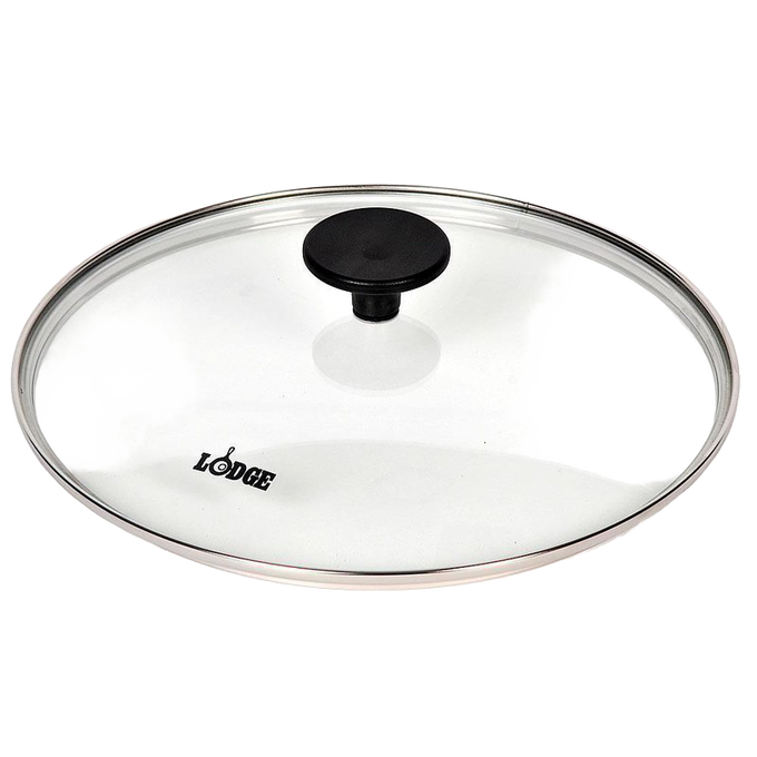 Clear round tempered glass lid with stainless steel rim and black heat-resistant knob, designed for cookware use in Kitchen & Food, Cast Iron, Pots and Pans, Best Sellers, and Promo Eligible collections.