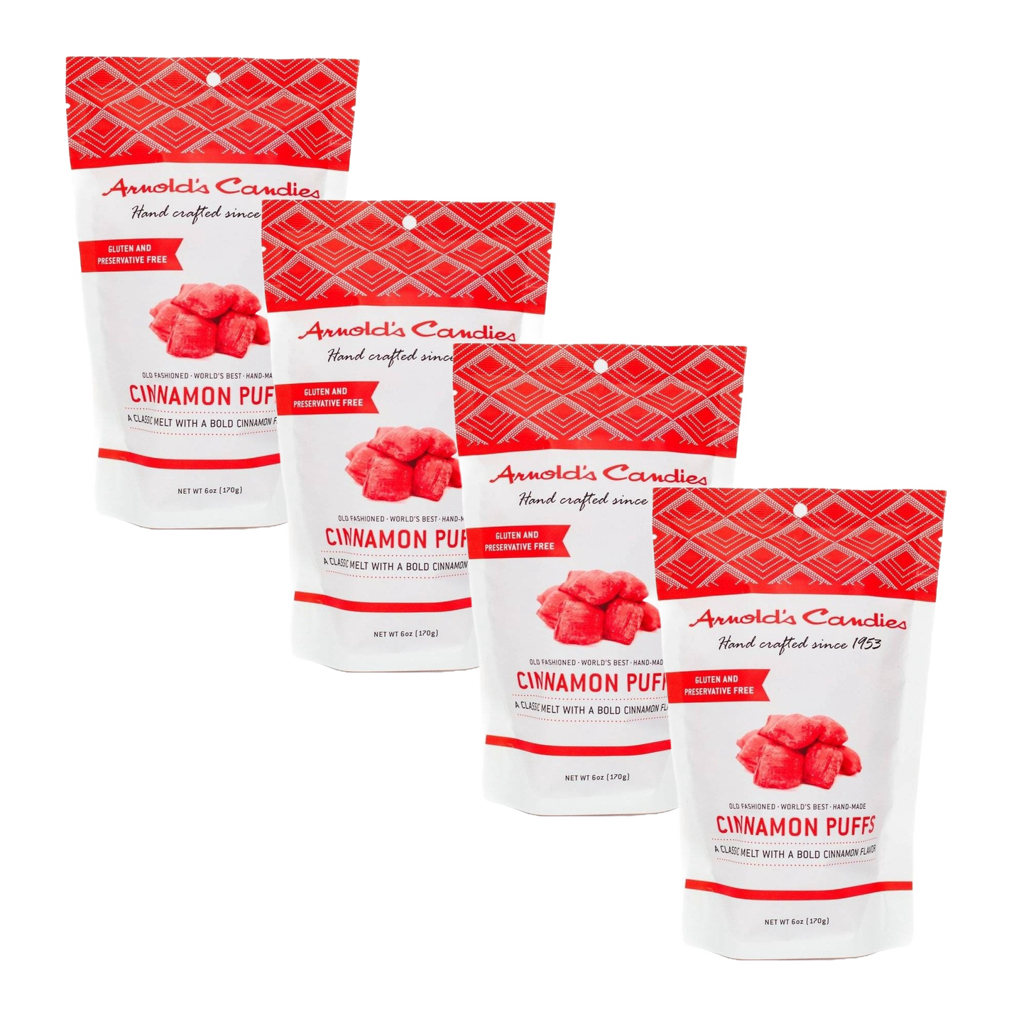 Four bags of handcrafted cinnamon puffs, gluten and preservative free, made in the USA, with a light texture and bold cinnamon flavor, perfect for Kitchen & Food, Snacks and Sweets, USA Made, Best Sellers, and Promo Eligible collections.