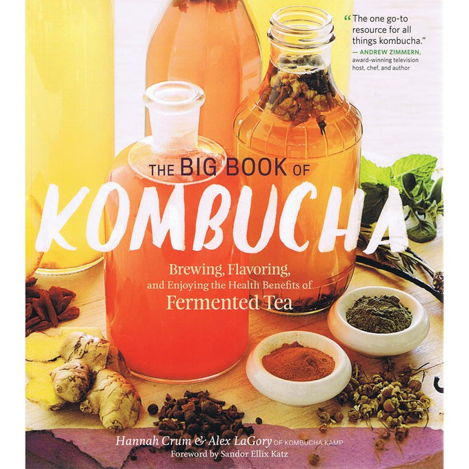 Cover of a book about brewing and flavoring fermented tea, featuring glass bottles filled with kombucha, fresh ginger, spices, and herbs, highlighted in Kitchen & Food and Health and Wellness Books collections.