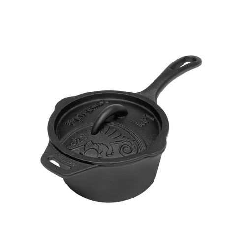 Heavy-duty cast iron saucepan with lid featuring a long handle and pouring spouts, ideal for farm, garden, camping, and outdoor cookware use.