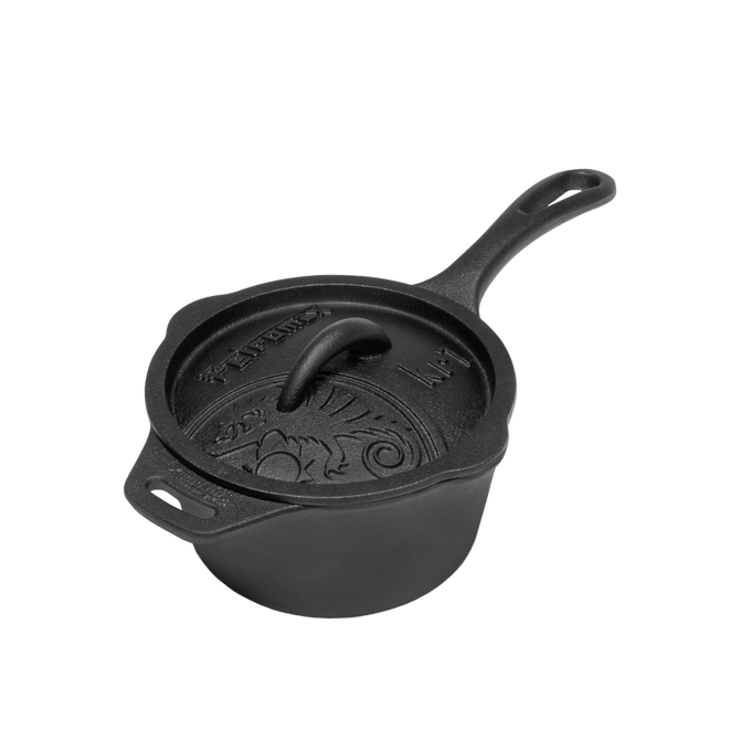 Heavy-duty cast iron saucepan with lid featuring a long handle and pouring spouts, ideal for farm, garden, camping, and outdoor cookware use.