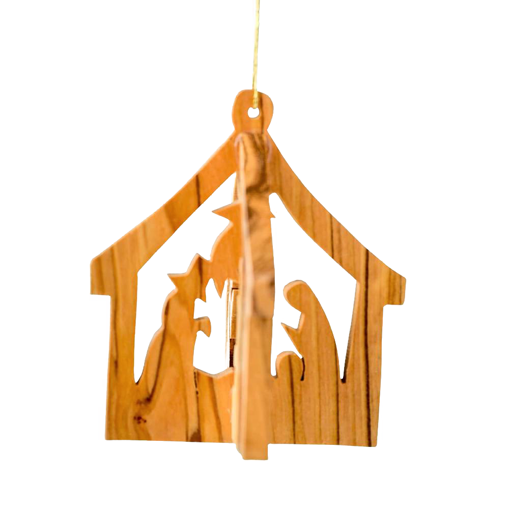Handcrafted olive wood nativity ornament featuring a three-dimensional stable with the Holy Family silhouettes, ideal for Home & Decor and Holiday Decor collections.
