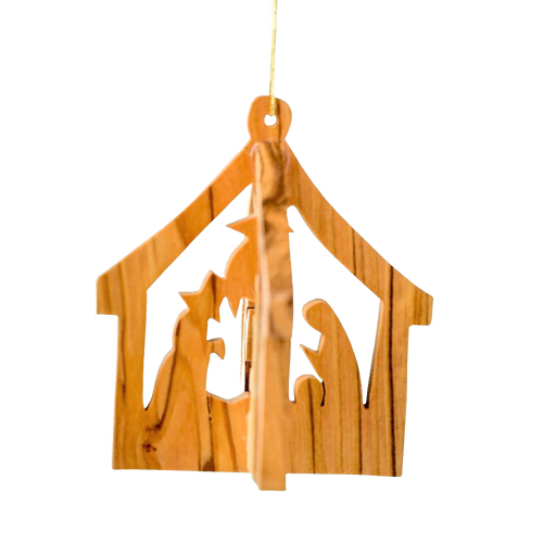 Handcrafted olive wood nativity ornament featuring a three-dimensional stable with the Holy Family silhouettes, ideal for Home & Decor and Holiday Decor collections.