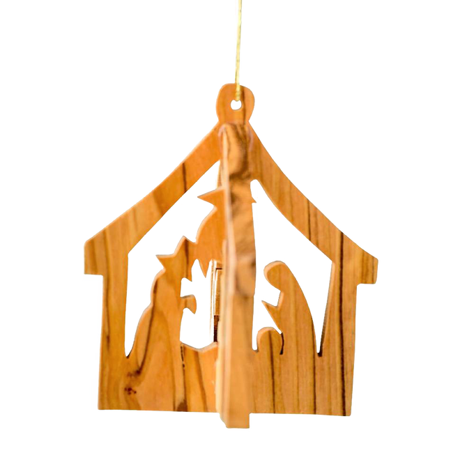 Handcrafted olive wood nativity ornament featuring a three-dimensional stable with the Holy Family silhouettes, ideal for Home & Decor and Holiday Decor collections.
