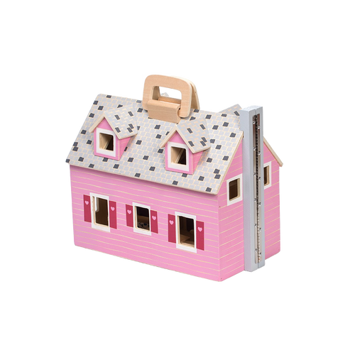 Pink wooden foldable dollhouse with gray shingled roof and wooden handle, featuring heart-adorned shutters, designed for indoor play and part of Toys, Children's Toys, and Doll Accessories collections.