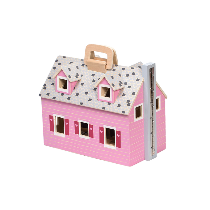 Pink wooden foldable dollhouse with gray shingled roof and wooden handle, featuring heart-adorned shutters, designed for indoor play and part of Toys, Children's Toys, and Doll Accessories collections.