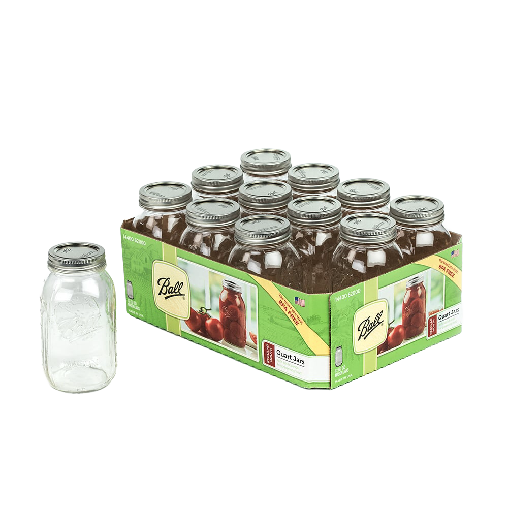 Set of twelve clear quart glass canning jars with metal screw-on lids in a green Box labeled for food preservation, accompanied by a single jar standing separately, ideal for Kitchen & Food and Canning collections.