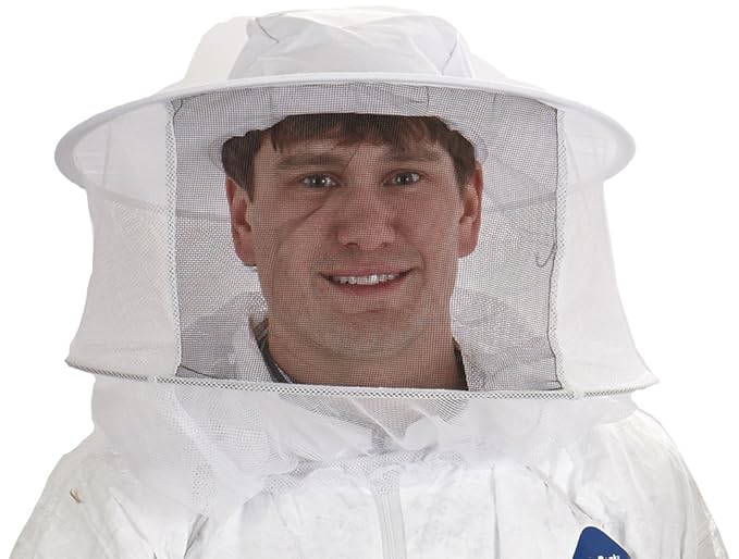 Man wearing a poly-cotton blend beekeeping hat with veil that fits snugly with elastic under the arms, designed for clear vision and protection while working with hives, featured in Farm, Garden & Tool, Beekeeping Supplies, Beekeeping Tools and Gear, Clothing and Accessories, Best Sellers, and Promo Eligible collections.