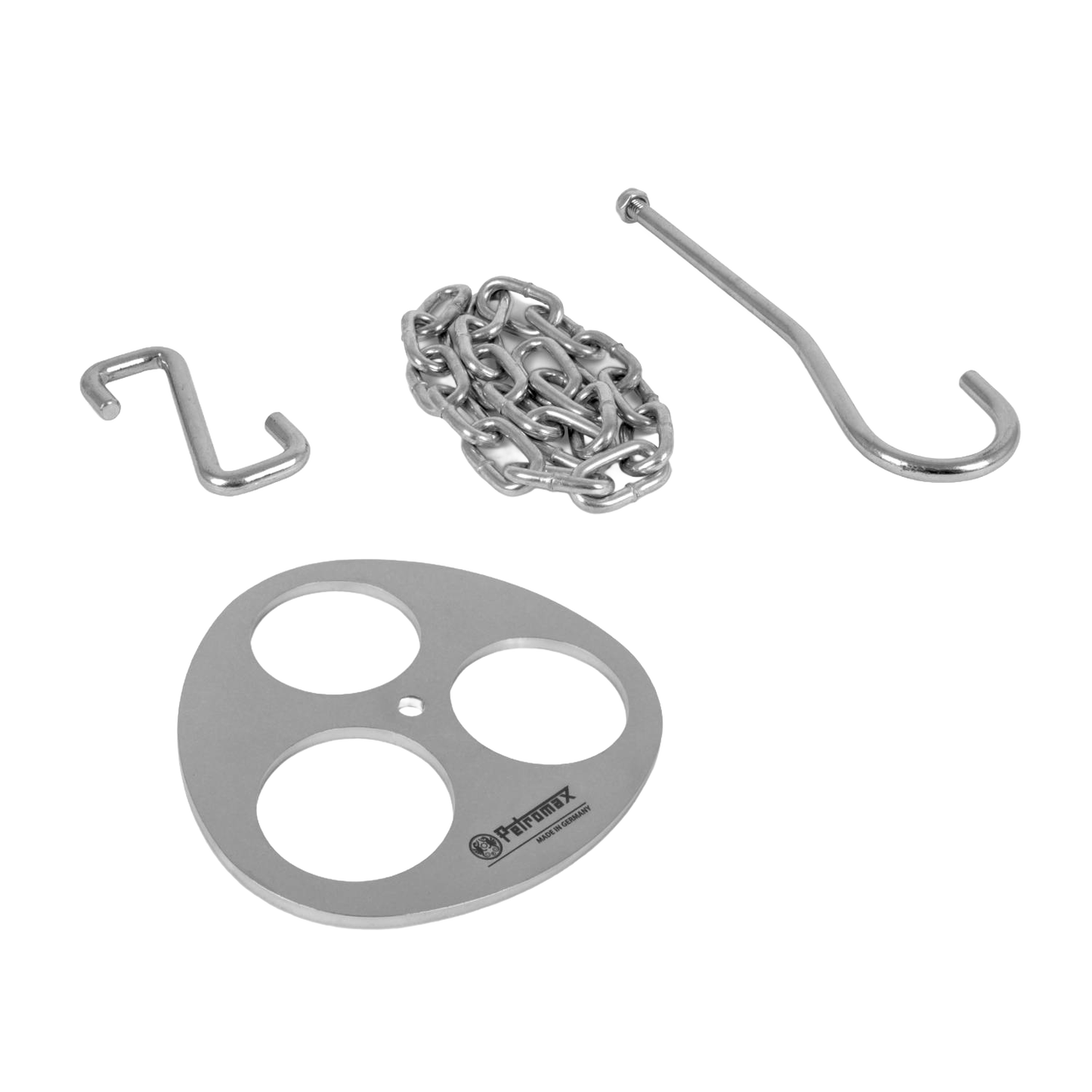 Lightweight stainless steel tripod lashing components including a circular disc with openings, hooks, and chain, designed for building branch tripods in Farm, Garden & Tool and Camping collections.