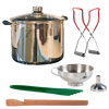 Handcrafted stainless steel water bath canner with glass lid, paired with red-handled jar lifters, stainless steel funnel, green silicone spatula, and wooden stirring paddle, ideal for Kitchen & Food, Food Preservation, Canning, and Best Sellers collections.