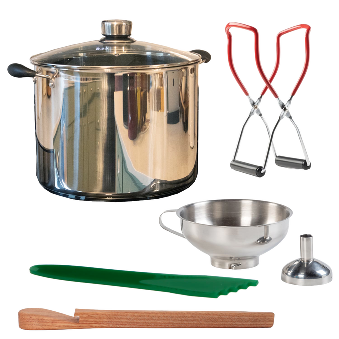Handcrafted stainless steel water bath canner with glass lid, paired with red-handled jar lifters, stainless steel funnel, green silicone spatula, and wooden stirring paddle, ideal for Kitchen & Food, Food Preservation, Canning, and Best Sellers collections.