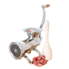 Shiny metal meat grinder with a smoothly sanded wooden stomper beside fresh red meat chunks, highlighting handcrafted Amish made specialty equipment for kitchen and food use.