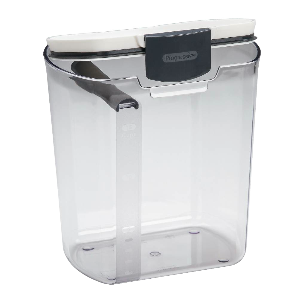 Clear plastic storage container with airtight white lid and built-in measuring leveler, designed for keeping flour fresh and organized; featured in Kitchen & Food, Storage and Serving, Best Sellers, and Promo Eligible collections.