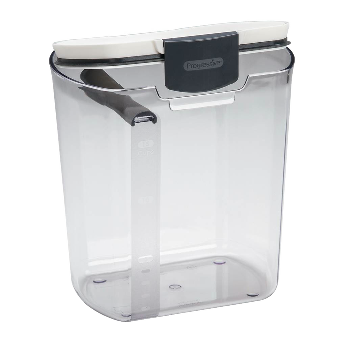 Clear plastic storage container with airtight white lid and built-in measuring leveler, designed for keeping flour fresh and organized; featured in Kitchen & Food, Storage and Serving, Best Sellers, and Promo Eligible collections.