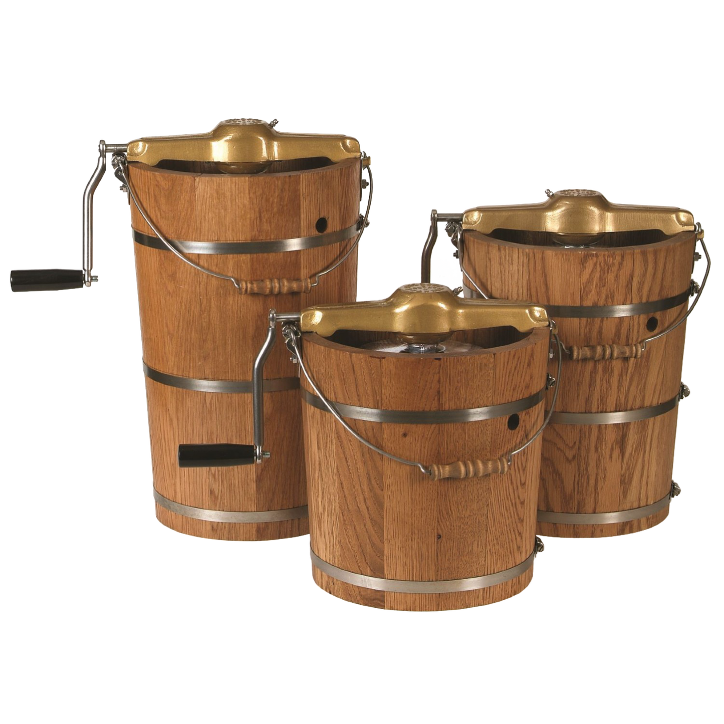 Three handcrafted Lehman's Best Ice Cream Freezers made in USA with wooden buckets, metal bands, and brass crank handles, designed for Kitchen & Food and Specialty Equipment collections.