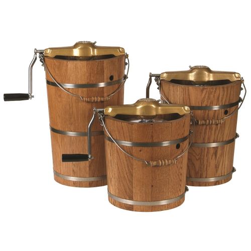 Three handcrafted Lehman's Best Ice Cream Freezers made in USA with wooden buckets, metal bands, and brass crank handles, designed for Kitchen & Food and Specialty Equipment collections.