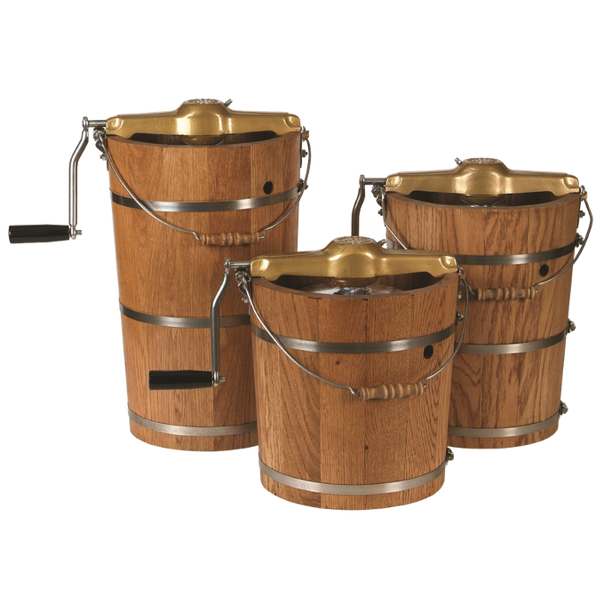 Three handcrafted Lehman's Best Ice Cream Freezers made in USA with wooden buckets, metal bands, and brass crank handles, designed for Kitchen & Food and Specialty Equipment collections.