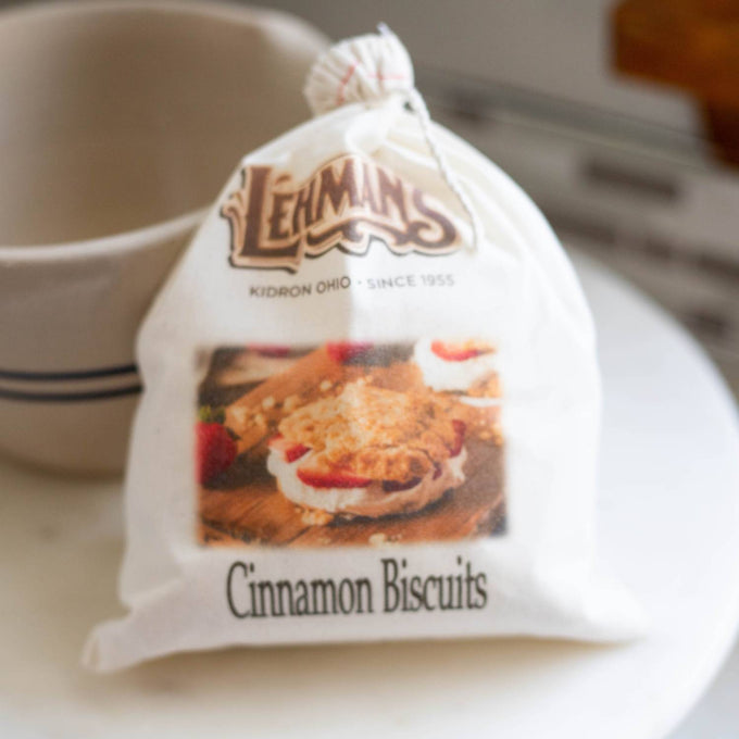 Handcrafted natural cloth sack of cinnamon-flavored biscuit mix with printed image of cinnamon biscuits, designed for Kitchen & Food, Pantry, Dry Goods and Best Sellers collections