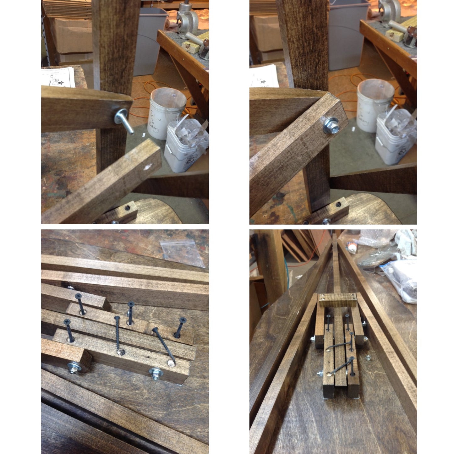 Close-up views of wooden pieces and hardware components during assembly, highlighting handcrafted construction with screws and bolts on maple and birch materials for Home & Decor and USA Made collections.
